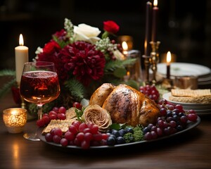 Christmas table with turkey, berries and wine. Selective focus.