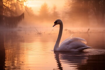 Serene swan swimming in golden sunset - obrazy, fototapety, plakaty
