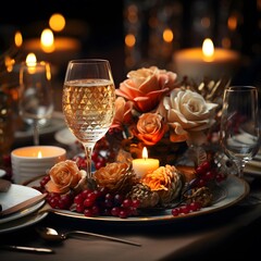 Festive table setting with flowers, candles and champagne. Selective focus.