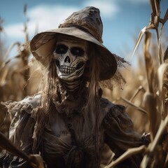 Spooky Scarecrow in Cornfield
