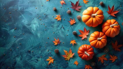 A blue background with a bunch of orange pumpkins and leaves