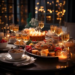 Festive table with a variety of food and drinks in the restaurant