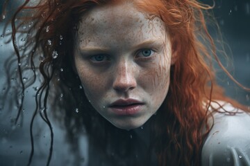 Pensive redhead girl with freckles in the rain