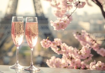 a romantic parisian scene with two glasses of pink champain - obrazy, fototapety, plakaty