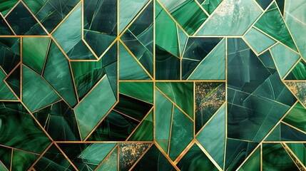 A modern, geometric pattern in shades of green with golden accents