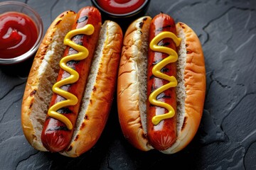 Two hot dogs with mustard and ketchup on a black table. Scene is casual and relaxed