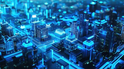 Urban infrastructure of a smart city with blue neon lighting
