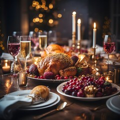 Festive table setting for Christmas or Thanksgiving dinner. Roasted turkey, berry, cranberry, wine, candles on wooden table.