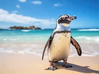 Penguin on a tropical beach
