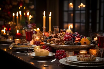 Christmas table with a variety of fruit and cakes. Selective focus.