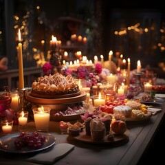 Candles and sweets on the table in a restaurant. Selective focus.