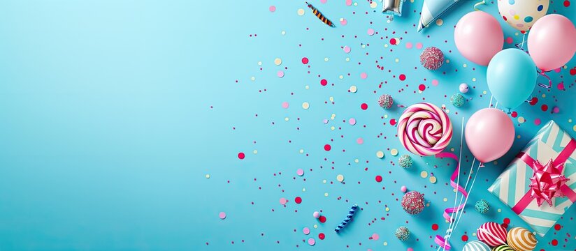 A blue background with pink and blue balloons and a pink lollipop