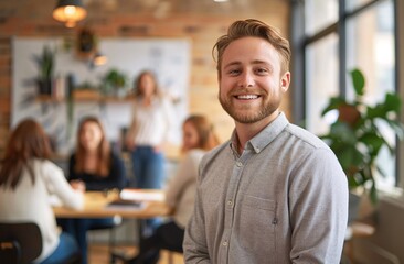 Obraz premium a smiling entrepreneur stands before his team of employees