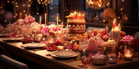 Wedding table with candles, flowers and cakes. Selective focus.