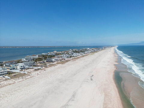 Aerial view of luxury homes along the beach in the Hamptons Long Island New York