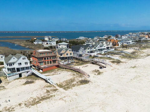 Aerial view of luxury homes along the beach in the Hamptons Long Island New York