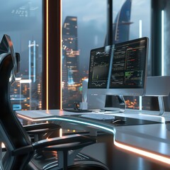 office desk with a futuristic look and bokeh background
