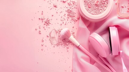 Pink Background With Cosmetics and Brush