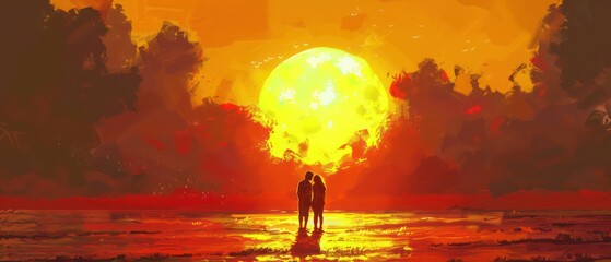 couple in a realistic sun down on a ocean