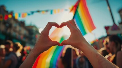two hands forming the shape of a heart with their fingers, and in front there is an open rainbow flag. 