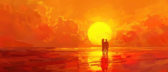 couple in a realistic sun down on a ocean