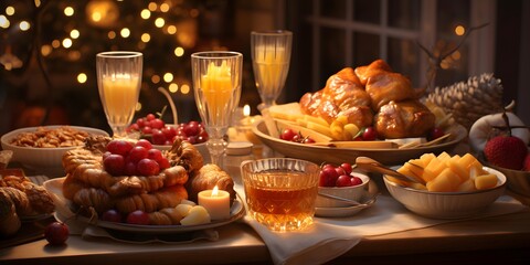 Christmas table with variety of pastries, fruit and sweets. Selective focus.