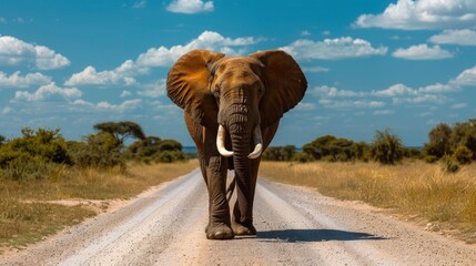 Big African Elephant on the gravel road with blue sky