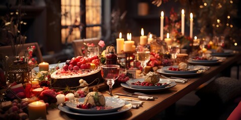 Festive table with food, wine and candles in a restaurant.