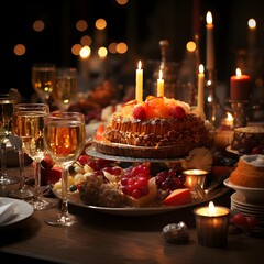 Festive table with fruit cake and glasses of wine in the dark