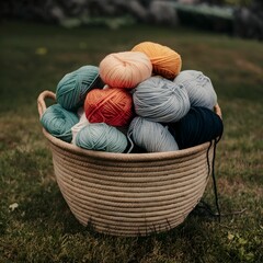 Balls of Yarn in a Wicker Basket Outside