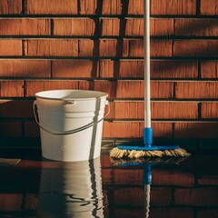 Mop and Bucket Sitting Near a Brick Wall