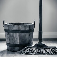 Wooden Bucket and Mop on a Wood Floor