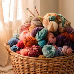 Large Basket of Yarn and Knitting Needles