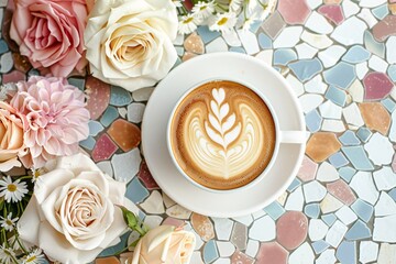 A top-down view of an intricate mosaic table with capuccino heart shaped latter art
