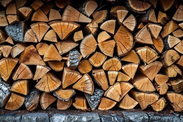 Fototapeta premium A pile of wood logs with a lot of cracks and splinters. The wood is stacked in a way that it looks like a wall
