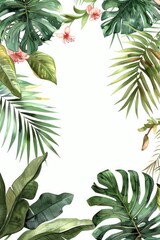 Naklejka premium exotic tropical leaves border, delicate watercolour, muted colours, elegant flowers, handpainted look, white background, elegant, delicate, tropical, watercolour, border