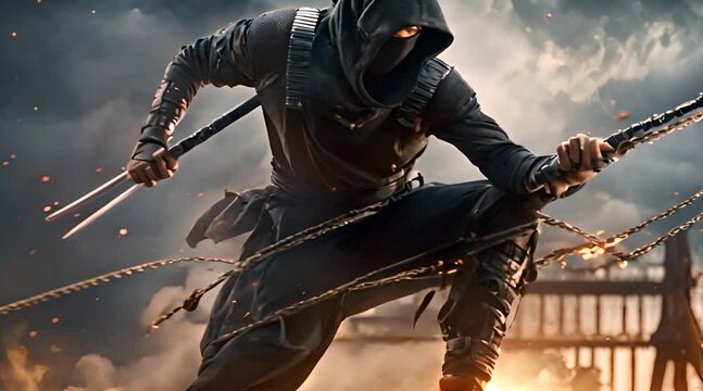 Ancient traditional assassin ninja in black clothes. Dark background wallpaper
