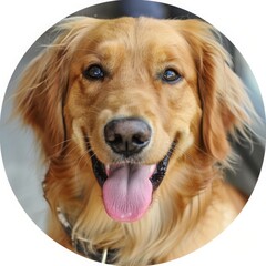 Close-up portrait of a smiling Golden Retriever dog with a shiny coat and bright eyes.