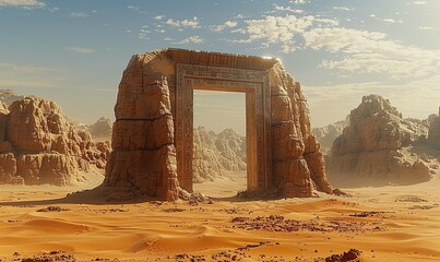 A fantastical gate entrance is depicted within a vast desert landscape, dominated by sweeping dunes...