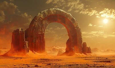 A fantastical gate entrance is depicted within a vast desert landscape, dominated by sweeping dunes and an expansive, clear sky