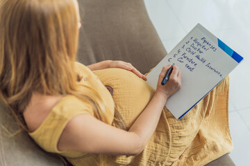 Expectant woman diligently compiles a list of childbirth costs, planning and organizing financial considerations for the upcoming delivery