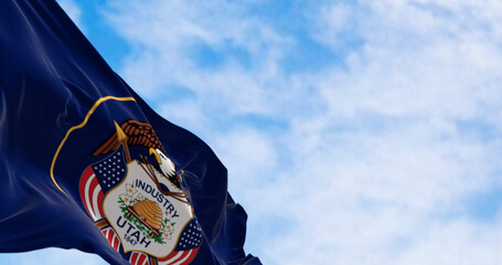 Close-up of Utah state flag waving