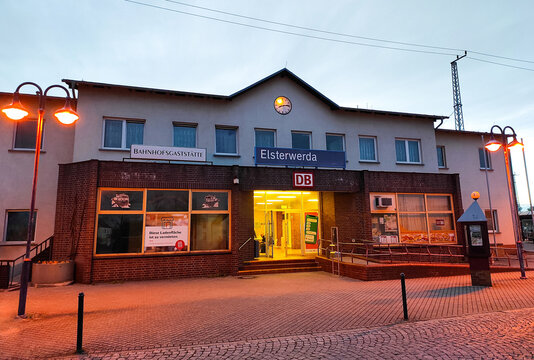 Facade view of Elserwerda Railway station in the town of Elsterwerda in Brandenburg state, Germany. Lies on the Berlin-Dresden railway. Opened in 1875