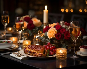 Fototapeta na wymiar Romantic dinner table with roses, candles, wine and croissants