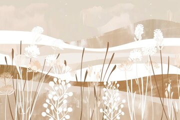 artwork with wild spring meadow landscape, beige and white muted colors, mid century modern art, clean and minimalistic style