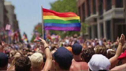 A group of people holding flags at an LGBT summer gay pride parade,. digital illustration created with generative ai.