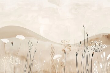 artwork with wild spring meadow landscape, beige and white muted colors, mid century modern art, clean and minimalistic style