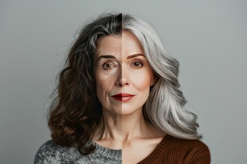 Modern aging and skincare blonde nuances reflect in aging stage portraits, contrasting split lives and aging care techniques.