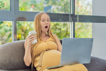 Tired pregnant woman at work drinks coffee caution advised due to potential harm of caffeine during pregnancy