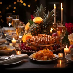 Festive table setting for Christmas or New Year celebration. Decorated with fruits and candles.